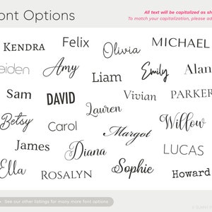 May include: A white background with a variety of font styles for names, including Kendra, Felix, Olivia, Michael, Aiden, Amy, Liam, Emily, Alan, Sam, David, Vivian, Parker, Betsy, Carol, Lauren, Willow, Margot, James, Diana, Lucas, Ella, Rosalyn, Sophie, and Howard. All text is capitalized as shown. To match your capitalization, please add (!!).