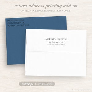 May include: A white envelope with a blue envelope behind it. The white envelope has a return address printed on it: Melinda Easton, 101 Stationery Ln, Washington, DC 20202. The envelope is 5.75 inches by 4.375 inches.