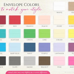 May include: A chart displaying 24 envelope colours, including Garnet, Red, Orange, Peach, Ivory, Sunflower, Teal, Seafoam, Green, Lime, Cream, Yellow, Pool, Baby Blue, Navy, Purple, Lavender, Plum, Black, Slate, Smoke, Walnut, Pink, and Magenta.