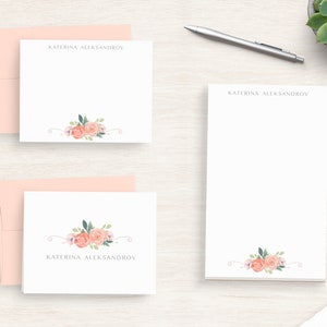 Personalized Women's Stationary Set - Pink Rose Flower Stationery Set - Pretty Writing Paper Set - Watercolor Roses