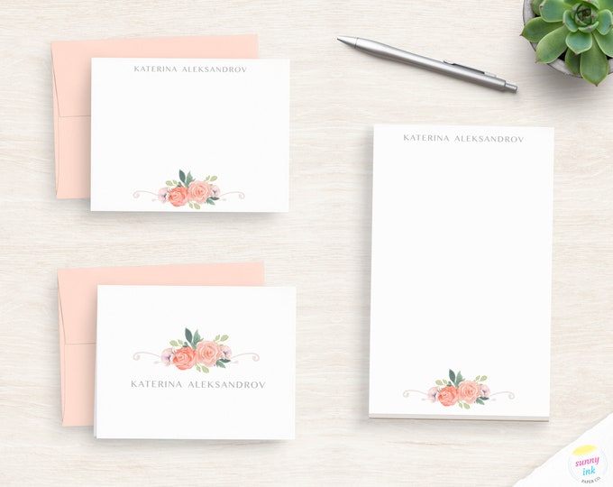 Personalized Women's Stationary Set - Pink Rose Flower Stationery Set - Pretty Writing Paper Set - Watercolor Roses