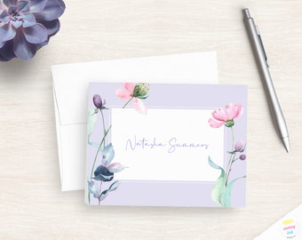 Floral Personalized Stationery Cards - Pretty Customized Folded Note Cards - Women's Stationary - Lavender Cards