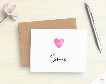 Personalized Note Card Set - Girl's Lovely Heart Folded Note Cards - Customized Heart Stationary - Birthday Gift