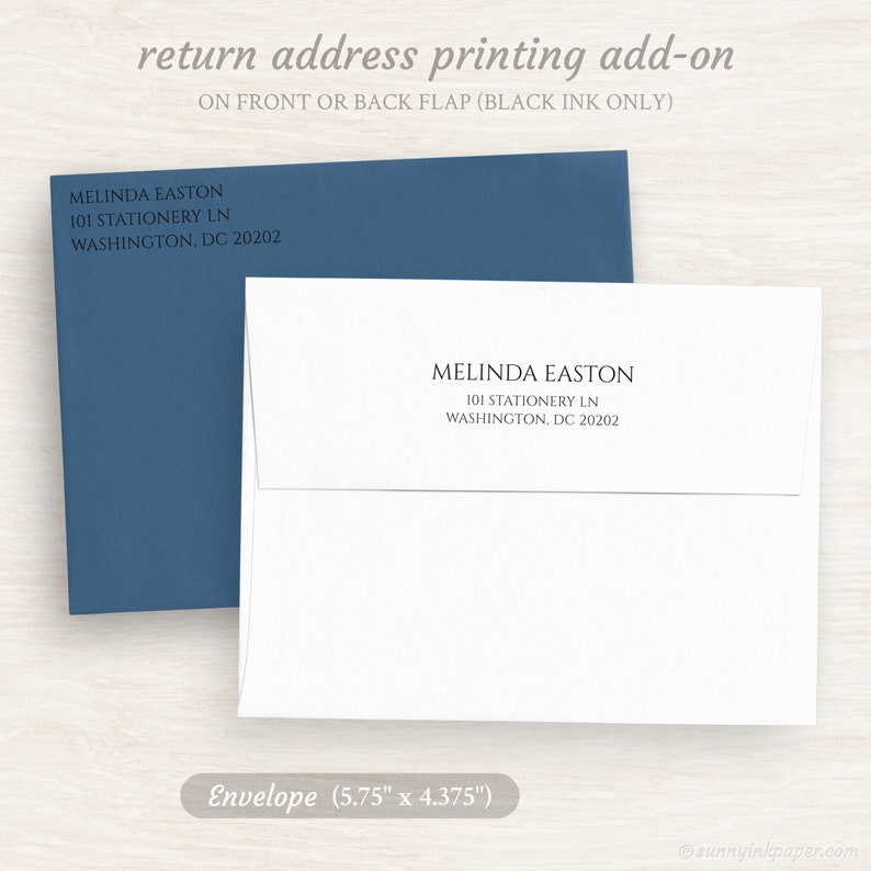 May include: A white envelope with a blue envelope behind it. The white envelope has a return address printed on it: Melinda Easton, 101 Stationery Ln, Washington, DC 20202. The envelope is 5.75 inches by 4.375 inches.