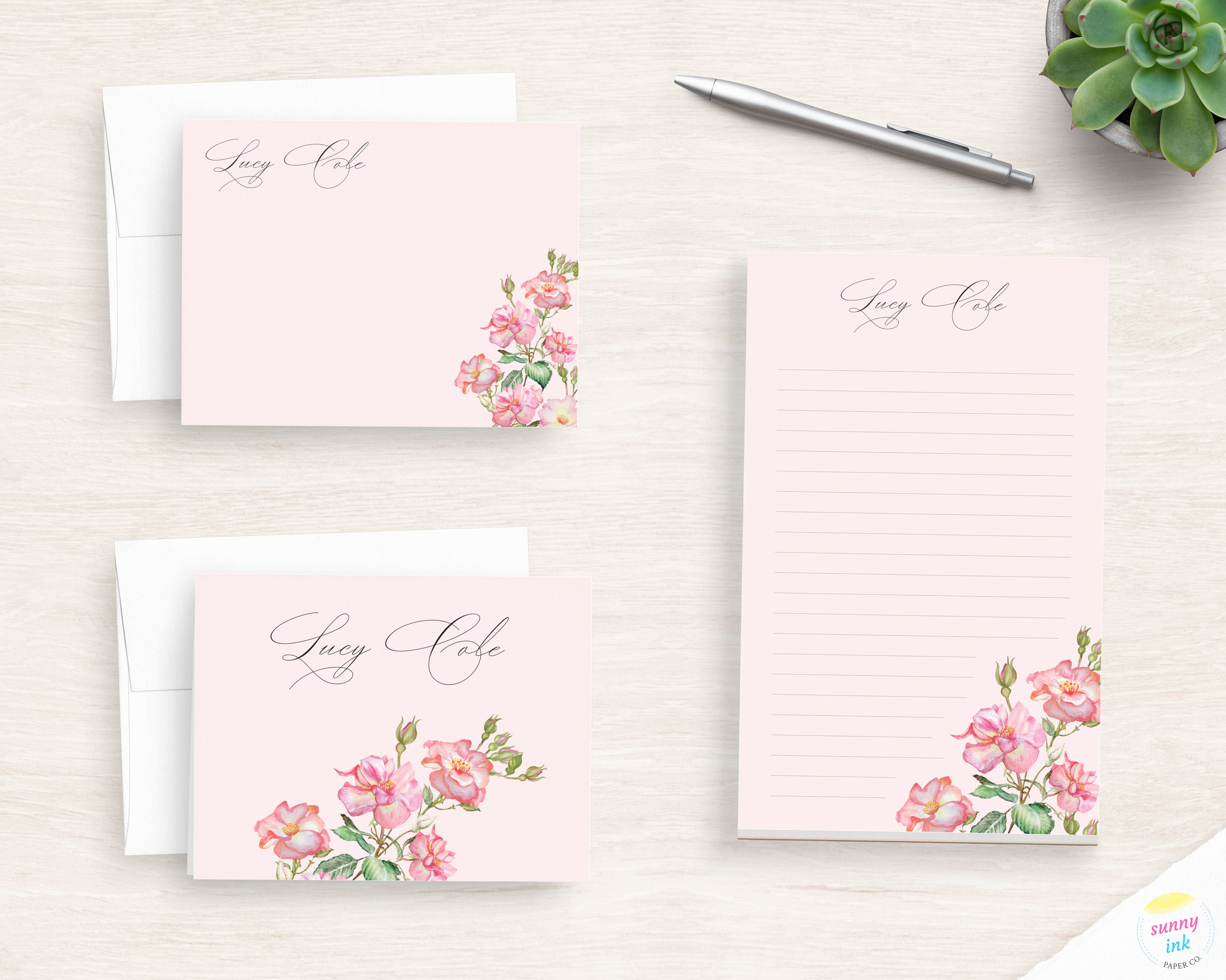 Personalized Pink Rose Stationery - Hand Painted Floral Stationery Set ...