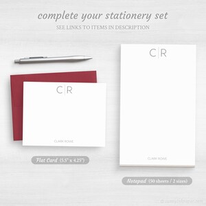 May include: A white flat card and a notepad with the initials "CR" and the name "Clark Rowe" printed on them. The flat card measures 5.5 inches by 4.25 inches. The notepad has 50 sheets and comes in two sizes.