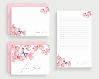 Personalized Stationery - Pink Stationary Gift Set - Personalized Gift For Mom -  Watercolor Writing Paper  - Magnolia Flower #133