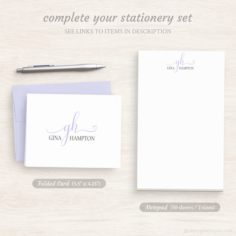 Personalized Monogram Note Cards - Pretty Script Flat Note Cards ...