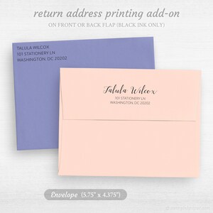 May include: A light pink envelope with a return address printed in black ink. The address reads "Talula Wilcox, 101 Stationery Ln, Washington, DC 20202". The envelope is 5.75 inches by 4.375 inches.