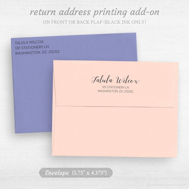 May include: A light pink envelope with a return address printed in black ink. The address reads "Talula Wilcox, 101 Stationery Ln, Washington, DC 20202". The envelope is 5.75 inches by 4.375 inches.