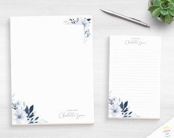 Personalized Floral Notepad - Custom Watercolor Notepad - Blue Floral Desk Pad