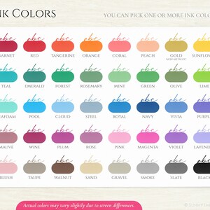 May include: Chart of ink colours for calligraphy, lettering, and art.  The chart shows 40 different ink colours, including garnet, red, tangerine, orange, coral, peach, gold, sunflower, teal, emerald, forest, rosemary, mint, green, olive, lime, seafoam, pool, cloud, steel, royal, navy, vista, purple, mauve, wine, plum, rose, pink, magenta, violet, lavender, blush, taupe, walnut, sand, gravel, smoke, slate, and black.