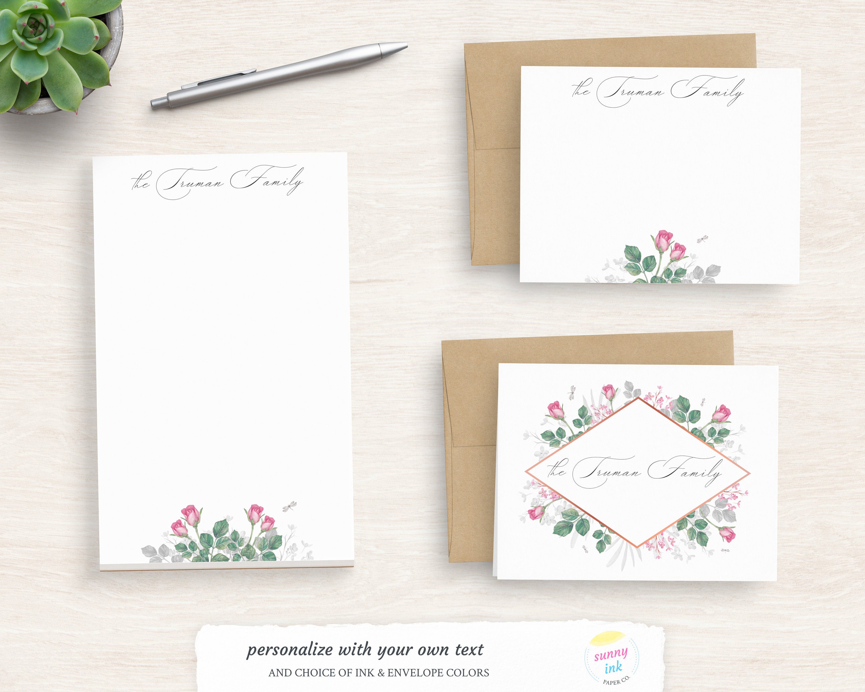 Personalized Floral Stationery - Customized Stationary Gift Set - Pink ...