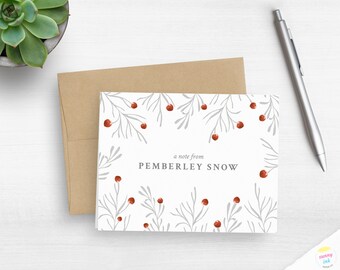 Floral Note Cards With Red And Grey - Personalized Red Flower Folded Note Cards - Note Card Set - Gift For Her - Botanical Note Cards