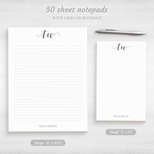 May include: Two lined notepads with the name "Talula Wilcox" and the text "tw" in cursive. The larger notepad is 8 inches by 10.5 inches and the smaller notepad is 5 inches by 8 inches.