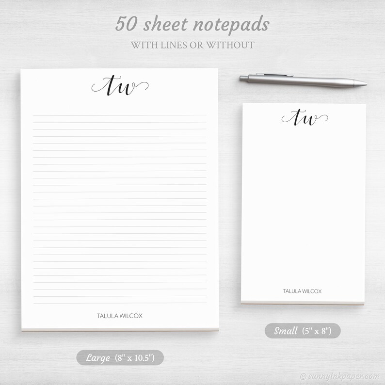 May include: Two lined notepads with the name "Talula Wilcox" and the text "tw" in cursive. The larger notepad is 8 inches by 10.5 inches and the smaller notepad is 5 inches by 8 inches.