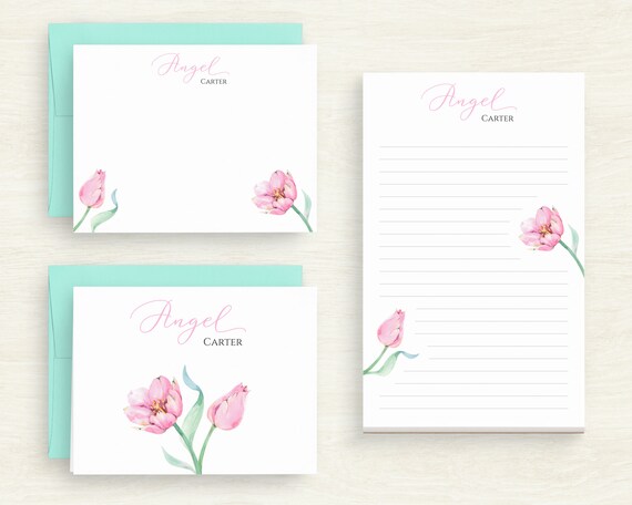 Personalized Pastel Stationery - Spring Tulips Gift Set - Custom Stationery - Mother's Gift - Appreciation Gift - Women's Stationery #105