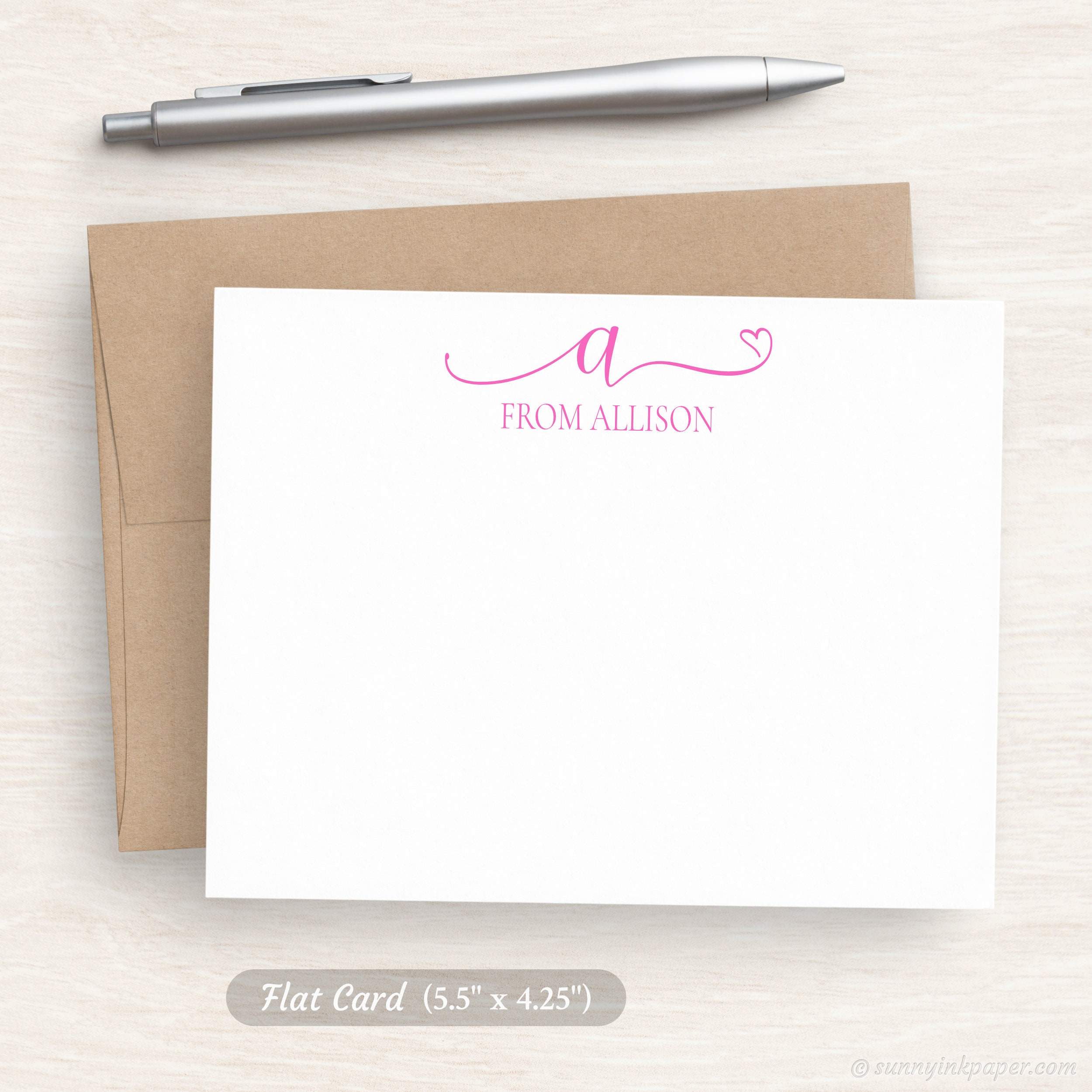 Personalized Monogram Note Cards - Pretty Script Flat Note Cards ...