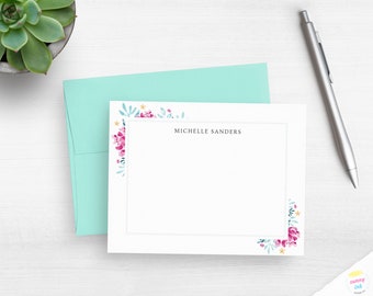 Floral Note Cards - Framed Floral Stationery Set - Pretty Flat Note Cards - Personalized Stationary - Watercolor Flowers