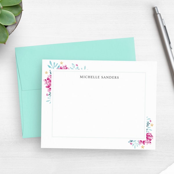 Floral Note Cards - Framed Floral Stationery Set - Pretty Flat Note Cards - Personalized Stationary - Watercolor Flowers