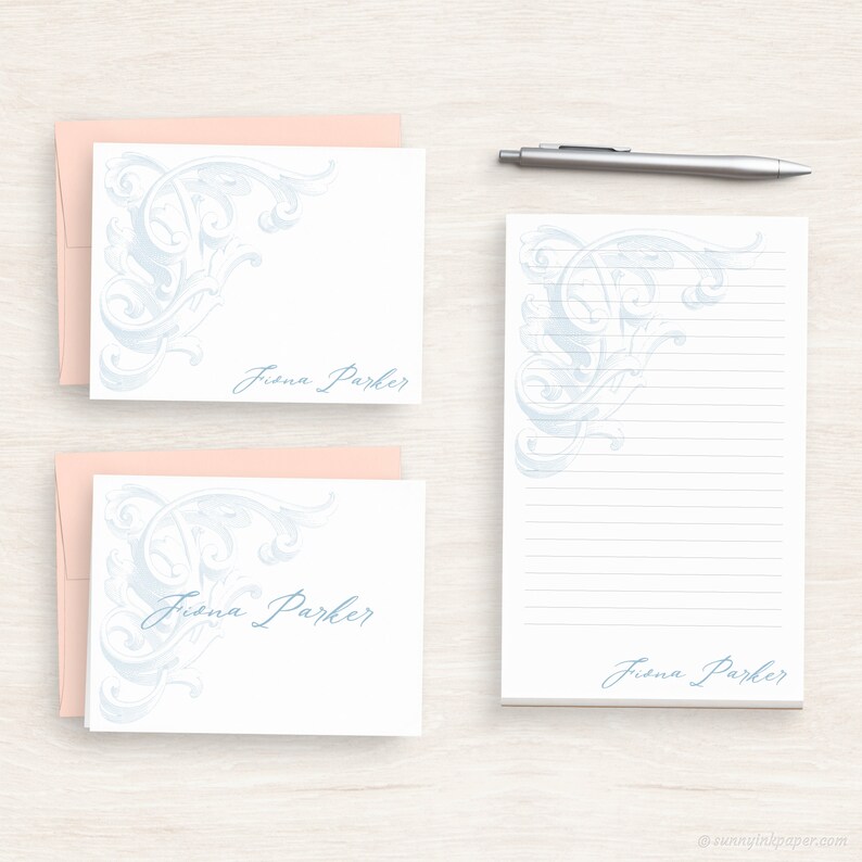 Personalized Vintage Stationery - Customized Writing Paper Set - Acanthus Leaf Stationery Set - Women's Stationery - Antique Swirls #207 image 1