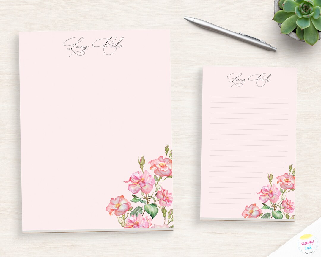 Pink Rose Notepad Personalized - Stationery Writing Paper - Floral ...