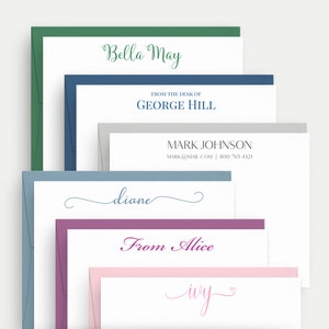 May include: A stack of stationery note cards with different colored borders and personalized names in cursive script. The names include Bella May, George Hill, Mark Johnson, Diane, From Alice, and Ivy.