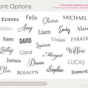May include: A white background with a variety of font styles for names, including Kendra, Felix, Olivia, Michael, Aiden, Amy, Liam, Emily, Alan, Sam, David, Vivian, Parker, Betsy, Carol, Lauren, Willow, Margot, James, Diana, Lucas, Ella, Rosalyn, Sophie, and Howard. All text is capitalized as shown. To match your capitalization, please add (!!).
