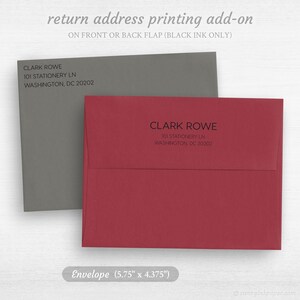 May include: Two envelopes, one gray and one red, with a return address printed on the front flap. The address reads "CLARK ROWE, 101 STATIONERY LN, WASHINGTON, DC 20202". The envelope is 5.75 inches by 4.375 inches.