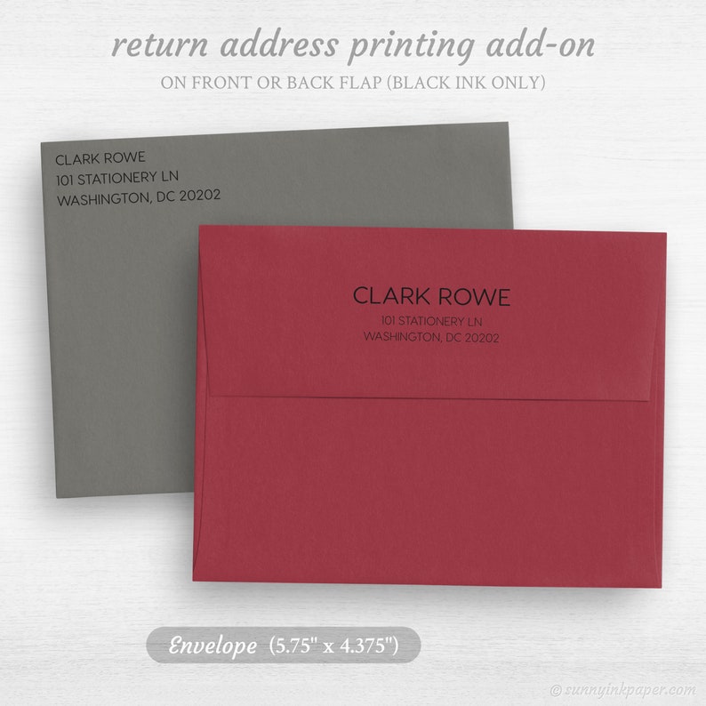 May include: Two envelopes, one gray and one red, with a return address printed on the front flap. The address reads "CLARK ROWE, 101 STATIONERY LN, WASHINGTON, DC 20202". The envelope is 5.75 inches by 4.375 inches.