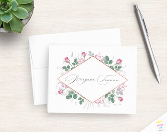 Personalized Floral Stationery - Women's Card Set - Custom Folded Note Cards - Pink Watercolor Roses