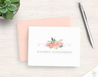 Personalized Floral Note Card Set - Pretty Stationery Cards - Rose Flower Folded Note Cards - Custom Cards For Her - Watercolor Flowers