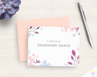 Personalized Floral Stationery Cards - Custom Watercolor Folded Note Cards - Purple & Pink Flower Stationery  - Gift For Her