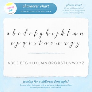 May include: Character chart showing the lowercase and uppercase alphabet in a handwritten script font. The text "See how your text will look" is also included.