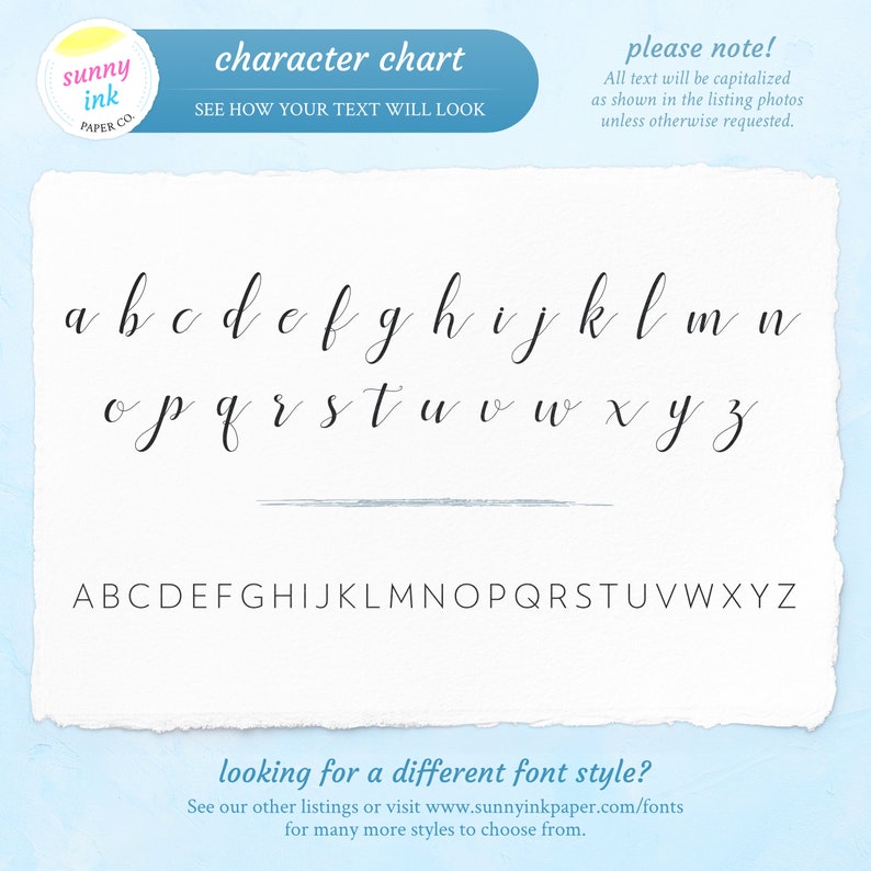 May include: Character chart showing the lowercase and uppercase alphabet in a handwritten script font. The text "See how your text will look" is also included.