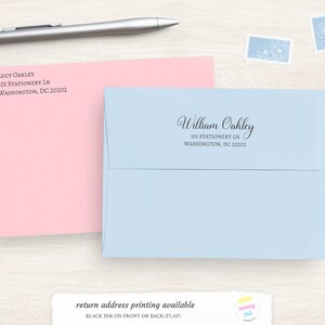 May include: Two envelopes, one pink and one light blue, with return addresses printed on them. The pink envelope has the name Lucy Oakley and the address 101 Stationery Ln, Washington, DC 20202. The light blue envelope has the name William Oakley and the address 101 Stationery Ln, Washington, DC 20202. Below the envelopes is a text box that says "return address printing available" and "Black ink on front or back (flap)".