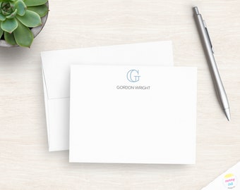 Personalized Monogram Stationery - Single Initial Stationary Flat Note Cards - Professional Note  - Outline Monogram - Men's Gift