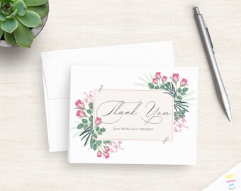 Personalized Thank You Note Cards - Wedding Thank You Notes - Pink Flower Thank You Cards - Rose Framed Stationery Cards