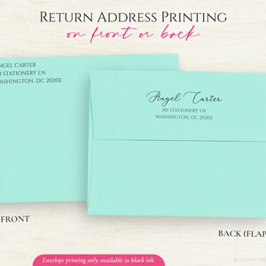 May include: A light blue envelope with a return address printed on the back flap. The address reads "Angel Carter, 101 Stationery Ln, Washington, DC 20202". The text "RETURN ADDRESS PRINTING on front or back" is printed at the top of the image.