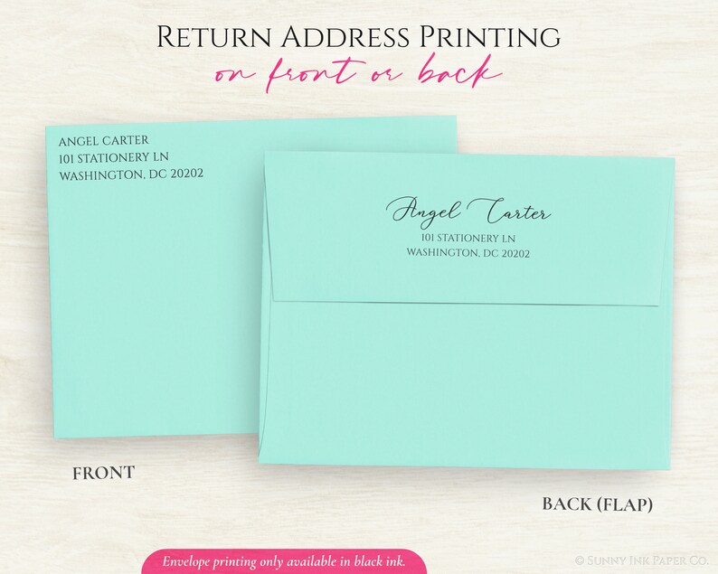 May include: A light blue envelope with a return address printed on the back flap. The address reads "Angel Carter, 101 Stationery Ln, Washington, DC 20202". The text "RETURN ADDRESS PRINTING on front or back" is printed at the top of the image.