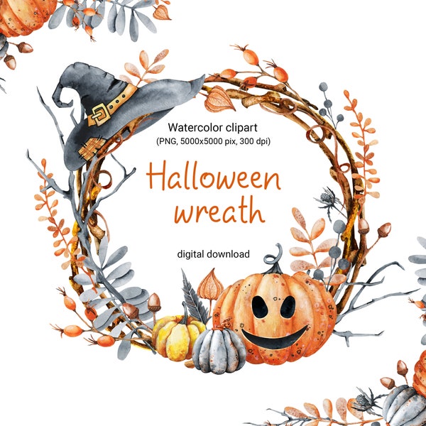 Watercolor Halloween wreath, round frame with PNG pumpkins, fallen leaves, rose hips, acorns, twigs, fezalis, instant digital download