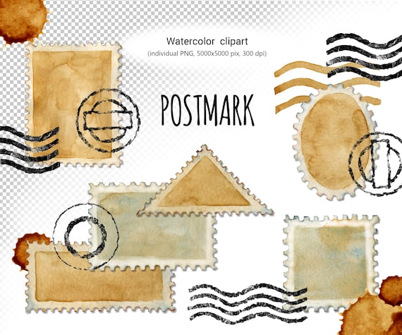 Postage Stamp Clipart, Watercolor Postal Stamp, Postmark, Individual PNG  for Scrapbooking, Digital Journal, Digital Correspondence Design 