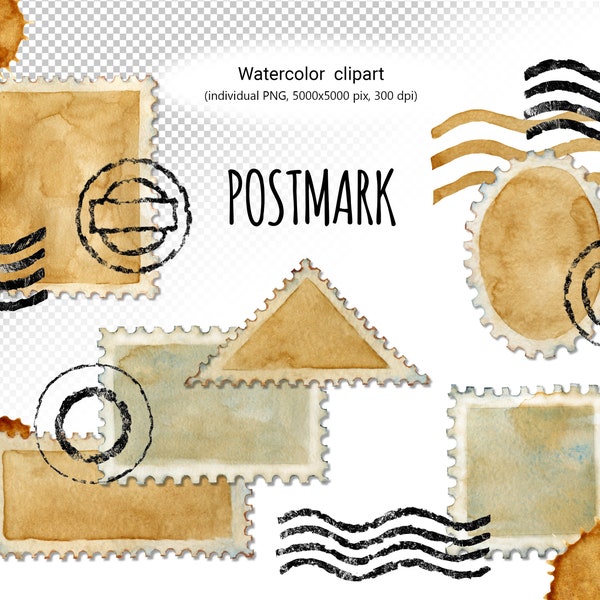 Postage stamp clipart, watercolor postal stamp, postmark, individual PNG for scrapbooking, digital journal, digital correspondence design