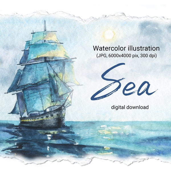 Watercolor seascape, ship at sea, sea wave, wall art decor, greeting card, instant digital download