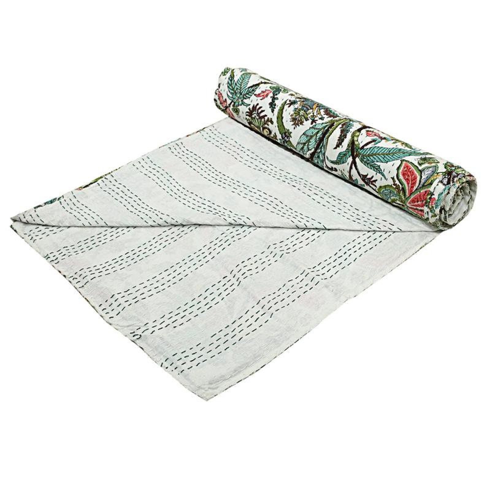 Green Floral Kantha Bedspread Cotton Bedspread Hippie Bohemian Etsy