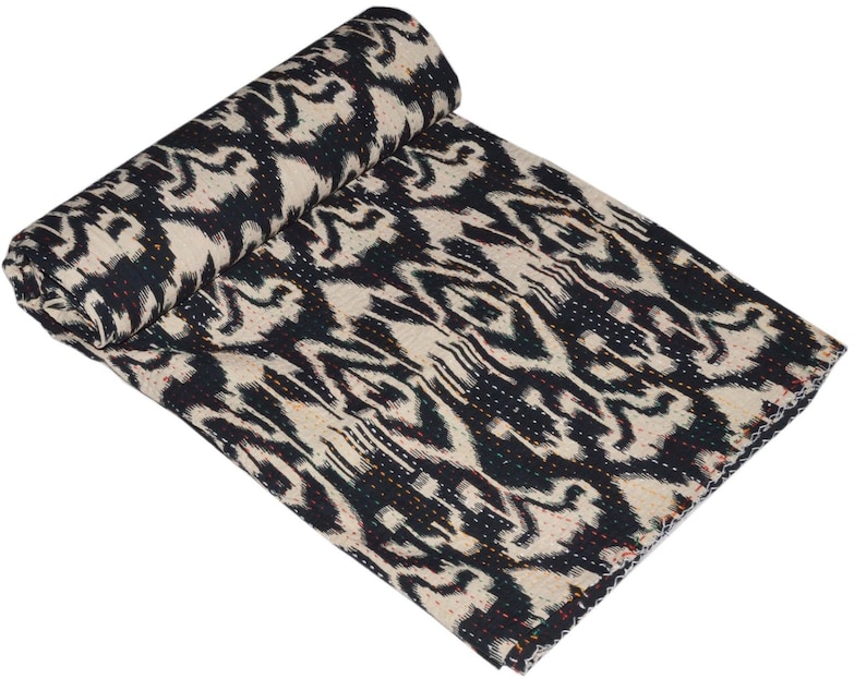 Black /& White Indian Throw Kantha Quilts Twin Reversible Cotton Handmade Coverlet Bohemian Ikat Comforter Coverlet Ethnic Floral Bed Cover