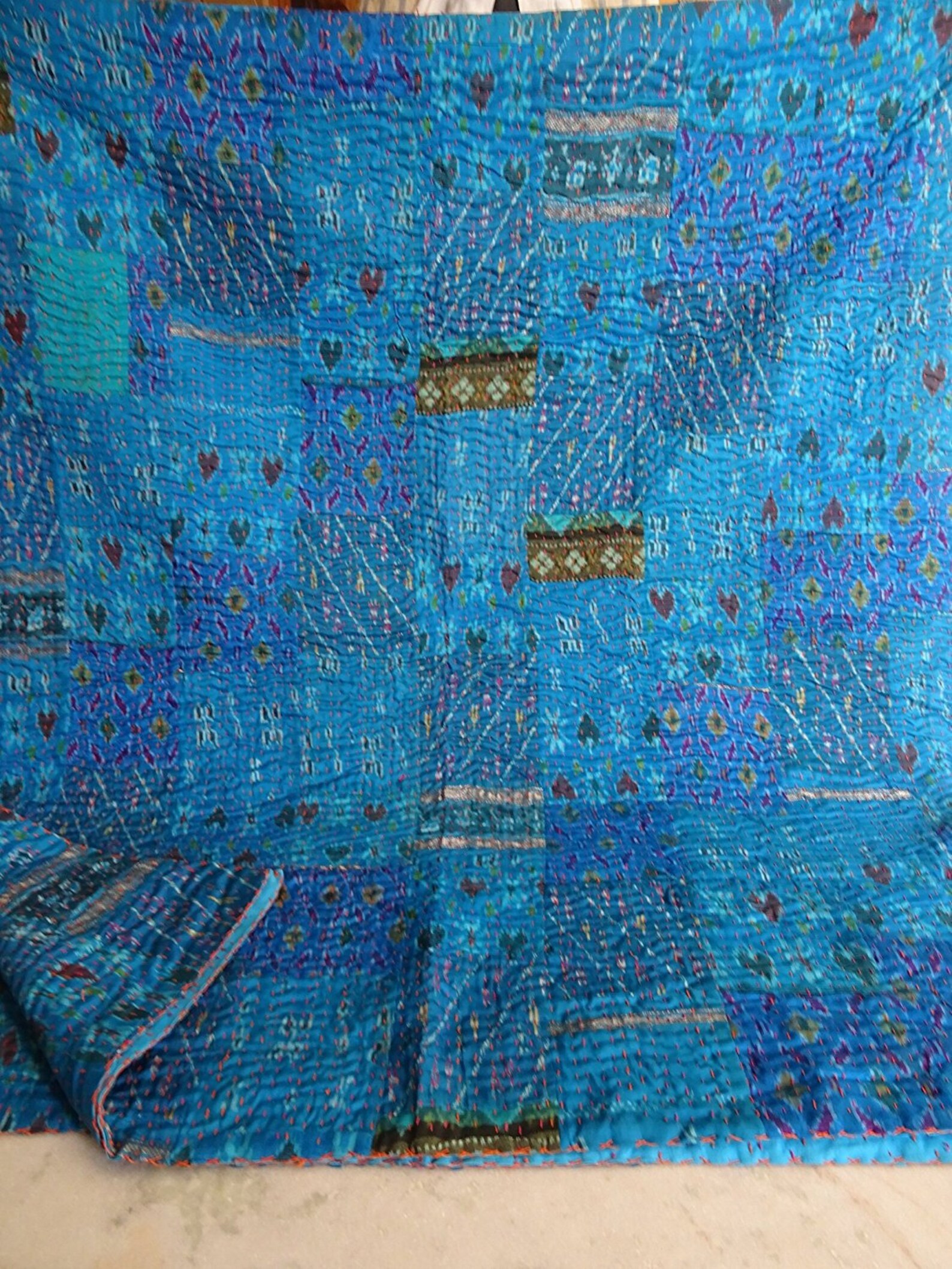 Silk Kantha Quilt With 2 Pillow Case Turquoise Silk Blanket Etsy