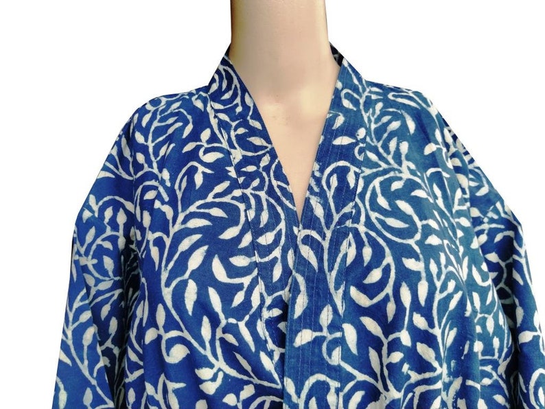 Hand Block Printed Kimono Robe Bathrobe Dressing Gown Hand Block Print Lightweight Cotton Robe Blue Robe Floral Print Summer Robe