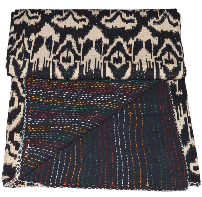 Black /& White Indian Throw Kantha Quilts Twin Reversible Cotton Handmade Coverlet Bohemian Ikat Comforter Coverlet Ethnic Floral Bed Cover