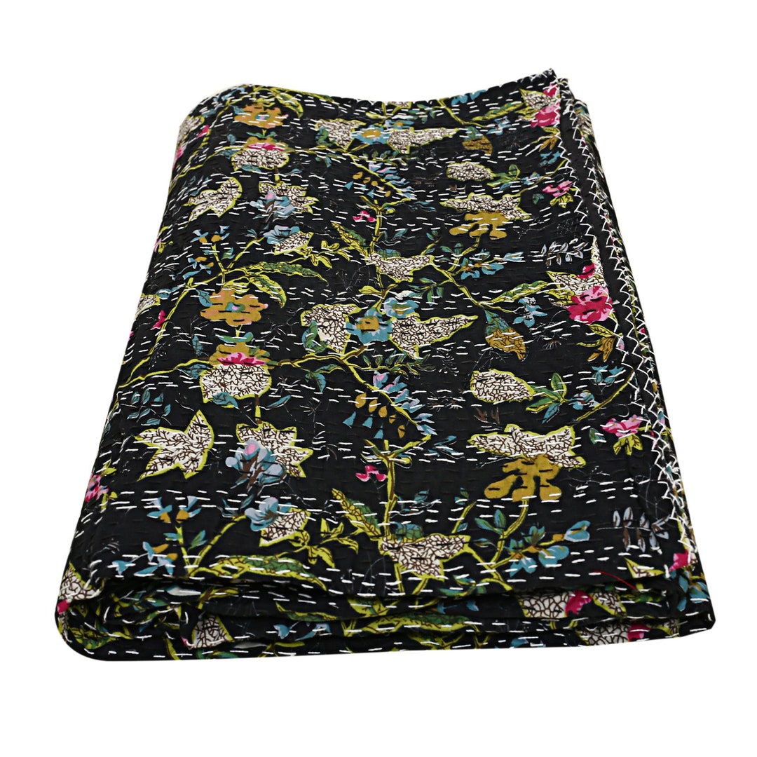 Black Floral Quilt Cotton Kantha Quilt Handmade Kantha Etsy